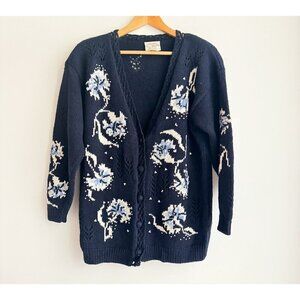 Vintage Susan Bristol Navy Blue Floral Beaded Cardigan M
